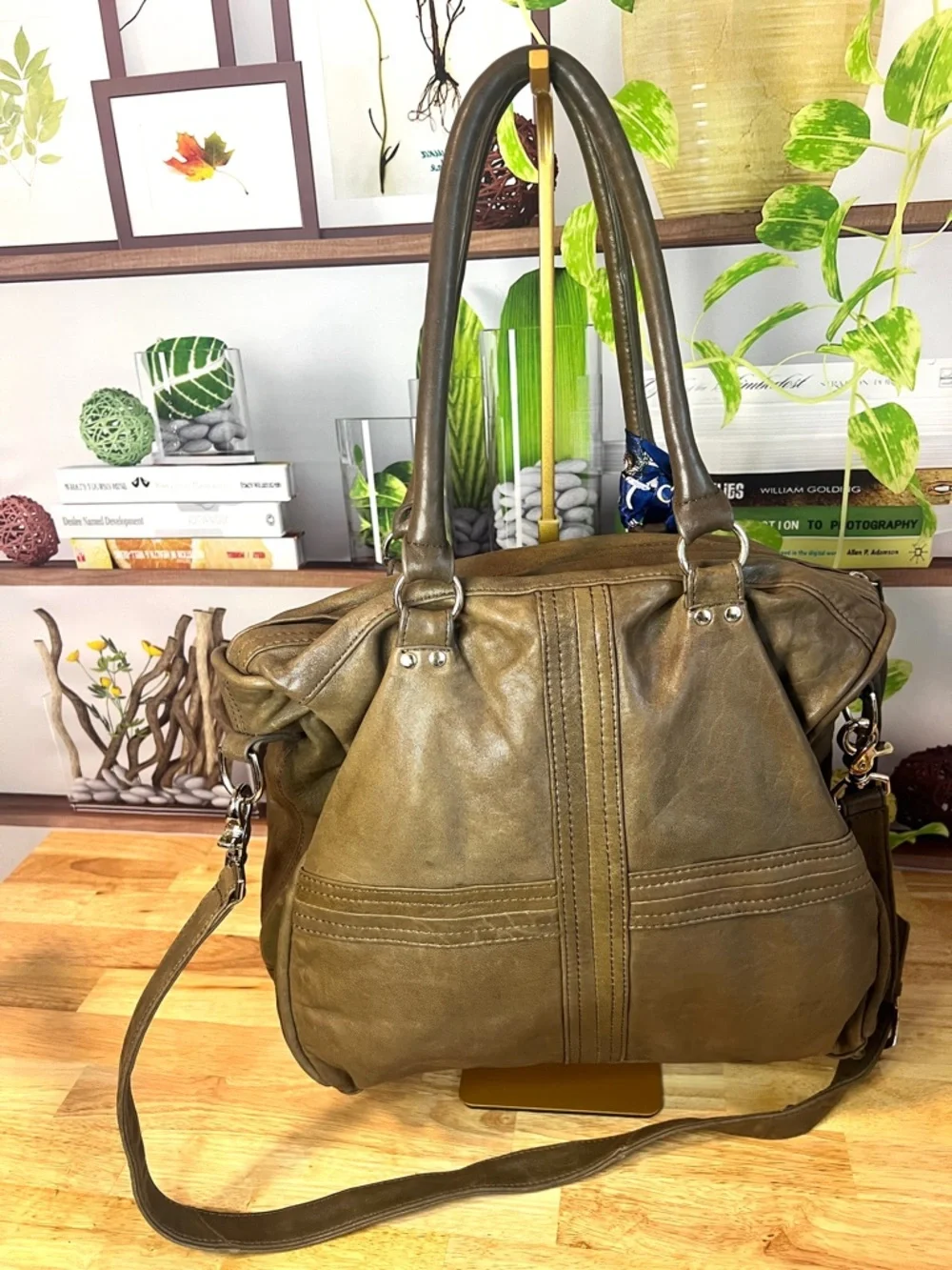 Vintage Y2K Junior Drake Bag Olive Brown Leather Pinup Ladies Lining Hobo - Picture 3 of 12